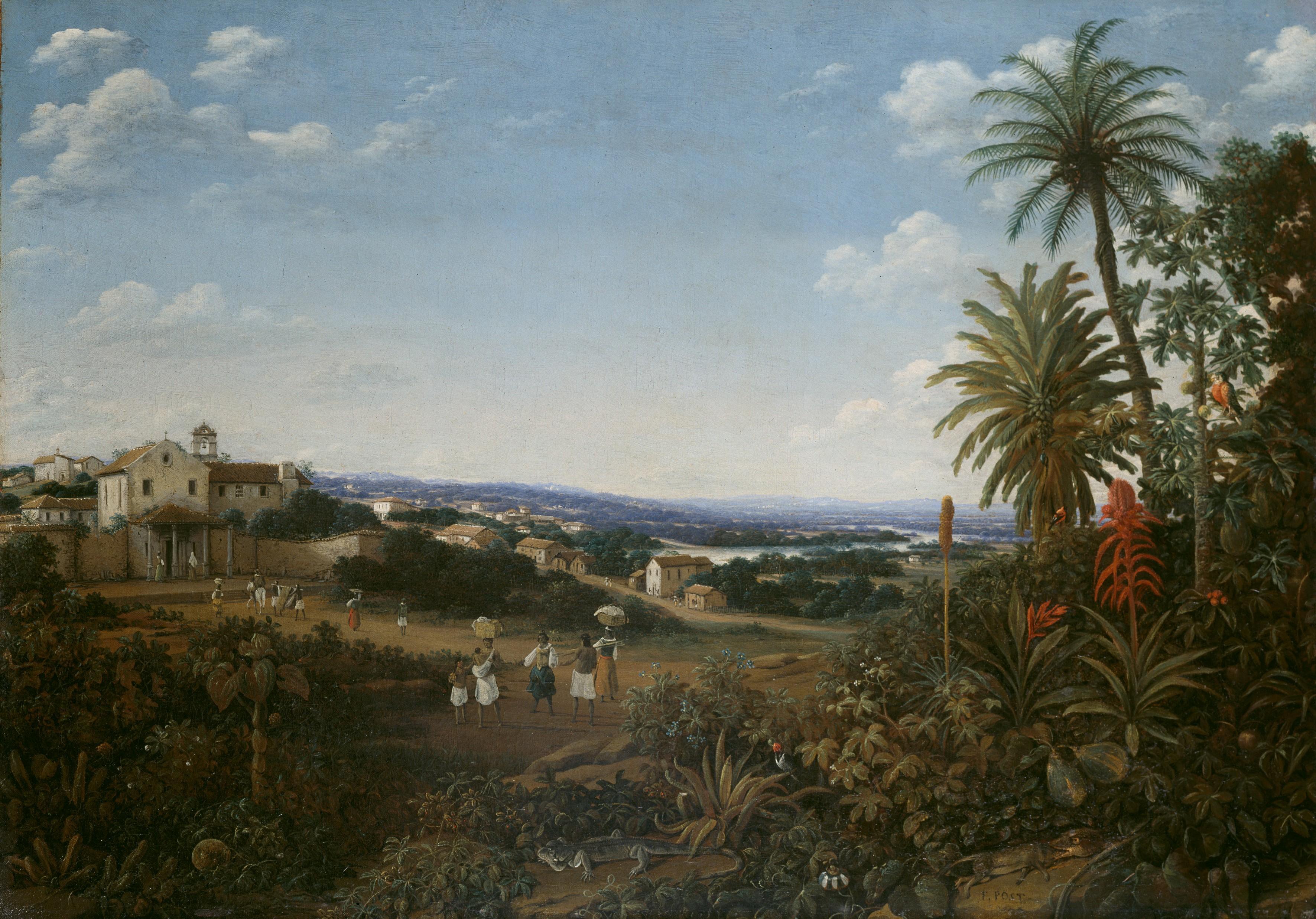 Das Gemälde zeigt das Franziskanerkloster in Igarac, davor eine Landschaft mit Palmen.