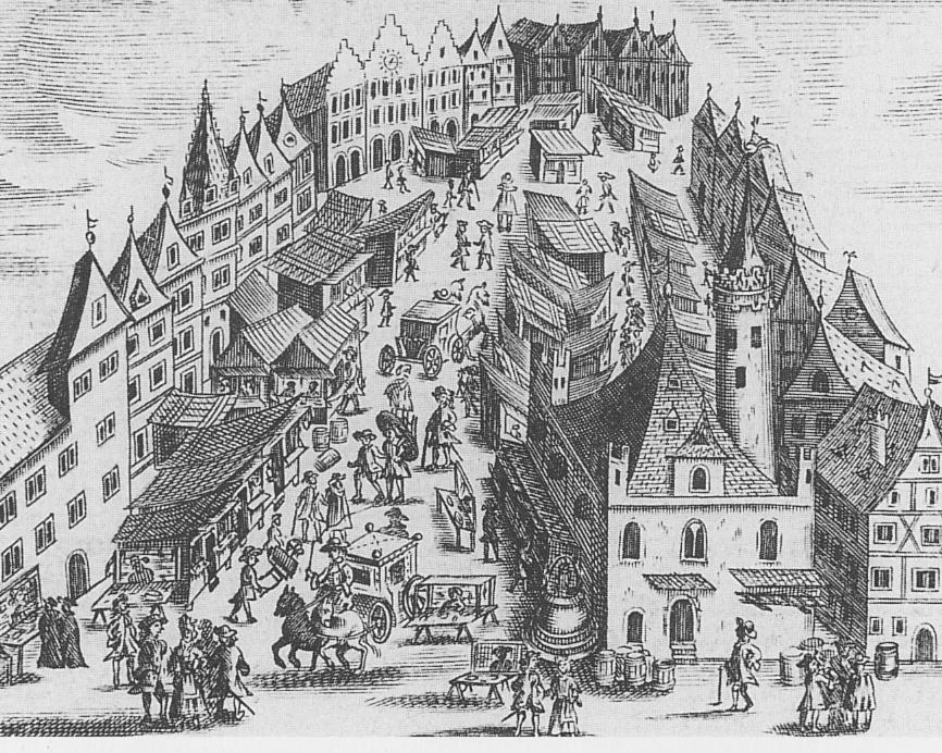 Die Zeichnung zeigt die Börse am Römerberg, viele Häuser und Hütten sind zu sehen. 
