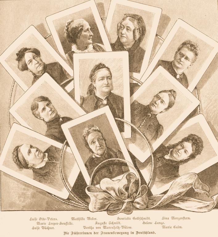 Vertreterinnen der Frauenbewegung in Deutschland, Grafik in der Zeitschrift „Die Gartenlaube“, 1894 © Archiv der deutschen Frauenbewegung, Kassel.
