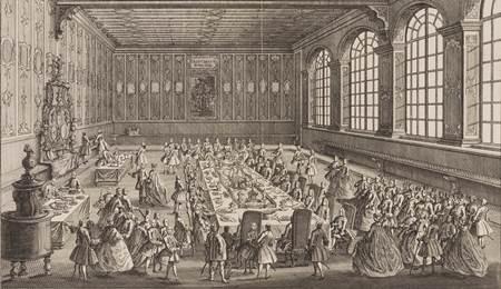 Das Bild zeigt das Festessen der Reichsstädte bei der Kaiserkrönung Franz des Ersten im Frankfurter Römer