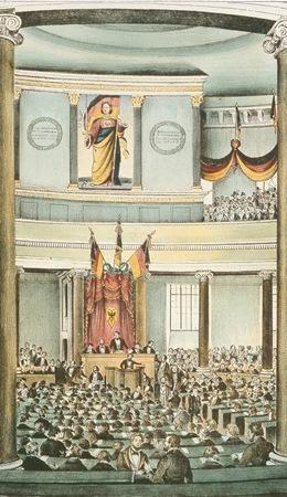 Das Gemälde zeigt die verfassungsgebende deutsche Nationalversammlung in der Pauskirche 1848