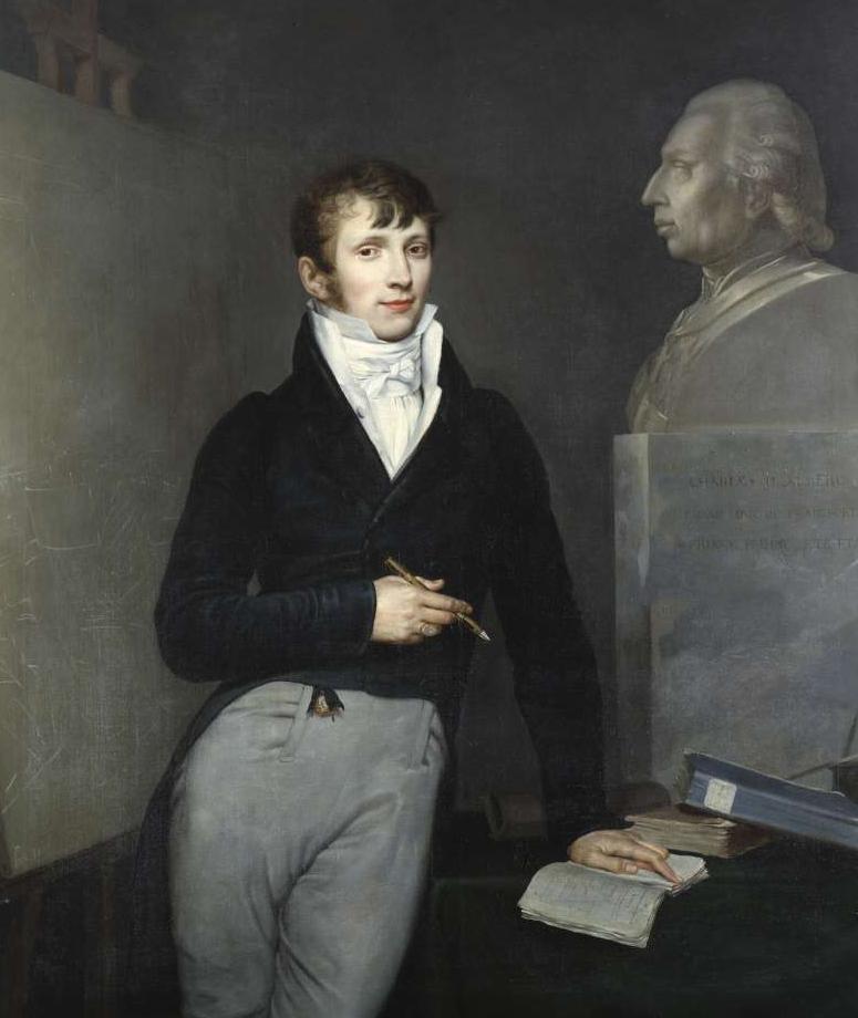 Das Gemälde zeigt einen jungen Mann, der sich auf einem Notizbuch abstützt und einen Stift in der Hand hält. Rechts im Hintergrund ist eine Büste zu sehen.