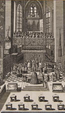 Das Bild zeigt die Kaiserkrönung Karls des Sechsten im Bartholomäus-Dom in Frankfurt.