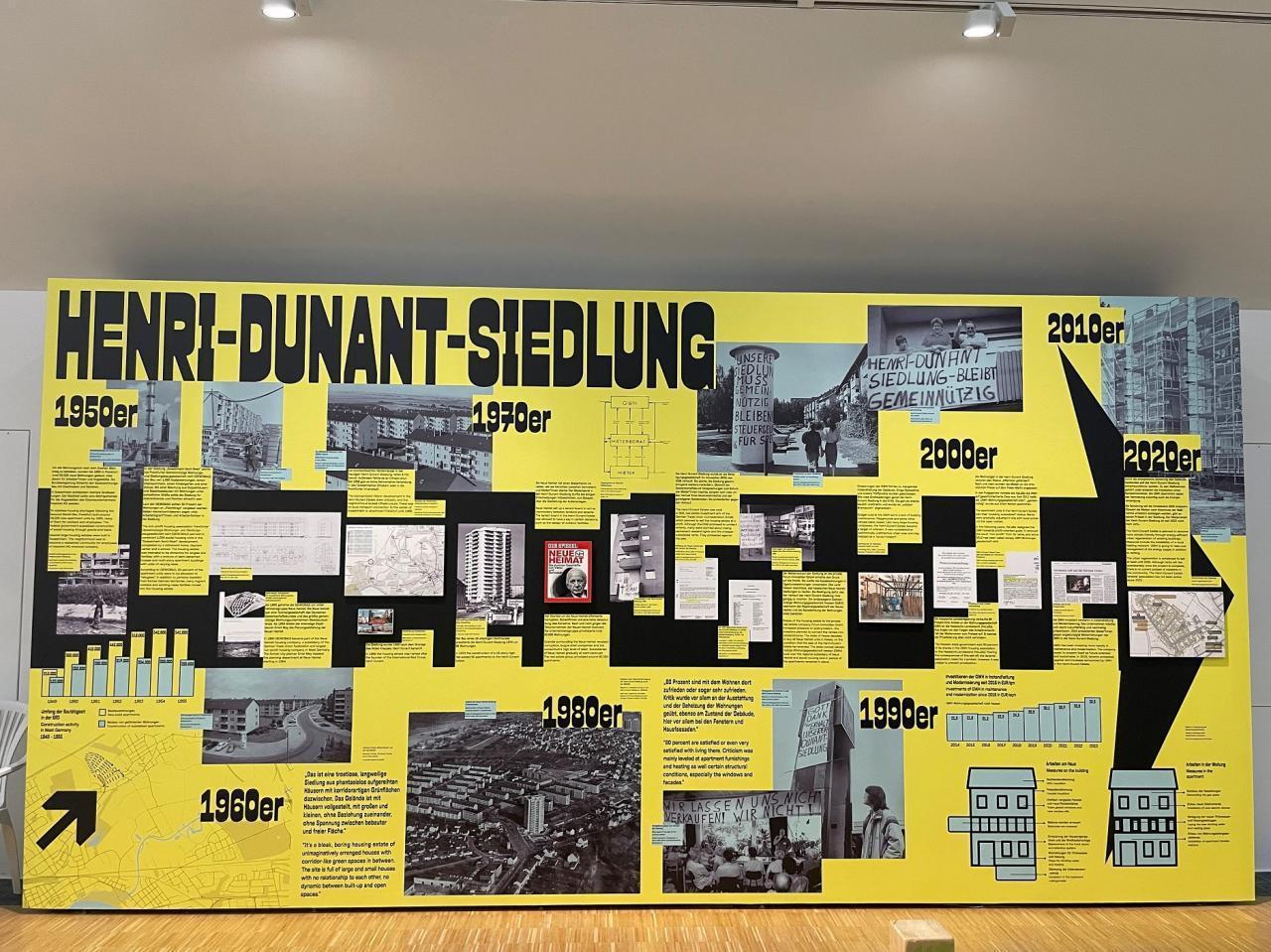 Eine gelbe Ausstellungswand mit dem Titel Henri-Dunant-Siedlung